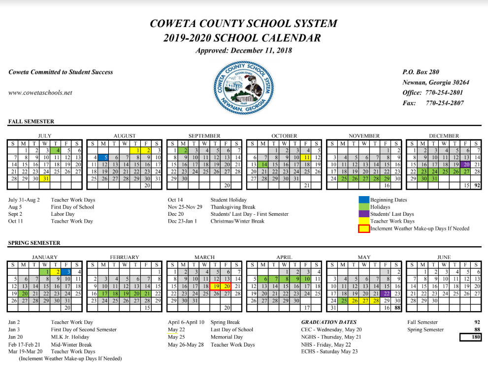 Coweta Co School Calendar 2019-20 – Now Newnan